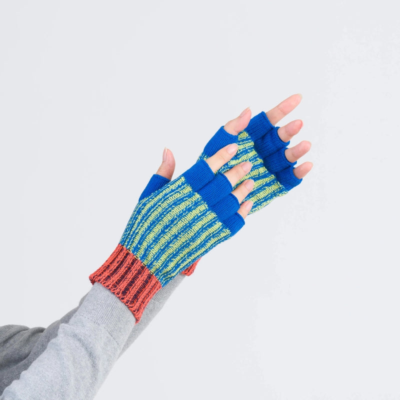 Big Stripe Fingerless Gloves in Lime + Cobalt
