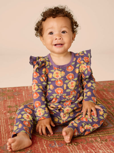 Snap Front Ruffle Baby Romper in Turkish Rug Floral