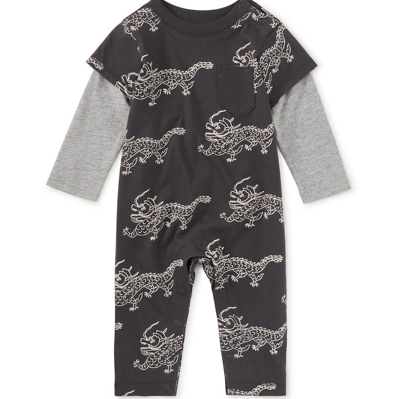 Layered Button-Up Baby Romper, Korean Pottery Dragon