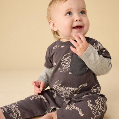 Layered Button-Up Baby Romper, Korean Pottery Dragon
