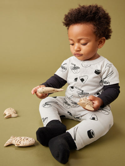 Layered Button-Up Baby Romper, Sushi and Ramen in Grey