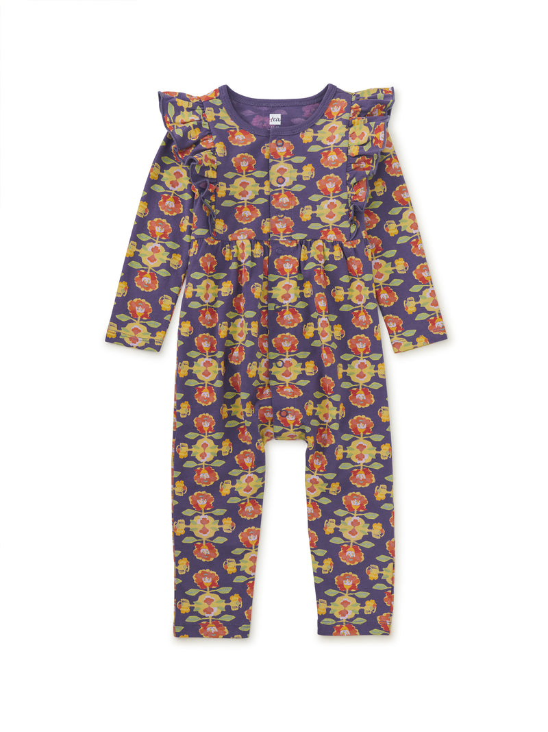 Snap Front Ruffle Baby Romper in Turkish Rug Floral