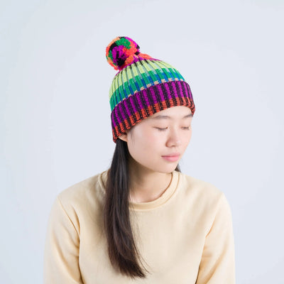 Mosaic Stripe Pom Beanie in Lime Cobalt
