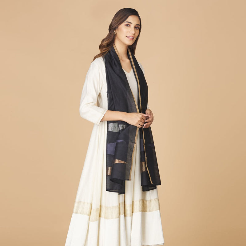 Black Cotton Silk Jamdani Woven Stole