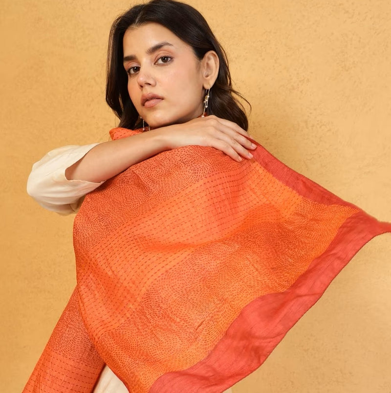 Rust Red Block Print Silk Stole