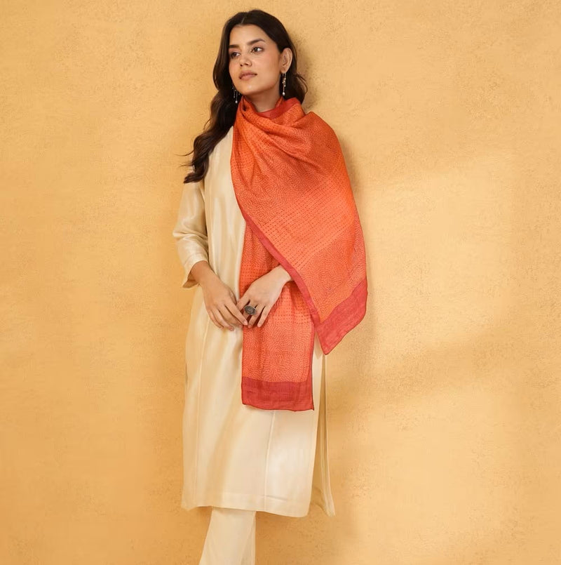 Rust Red Block Print Silk Stole