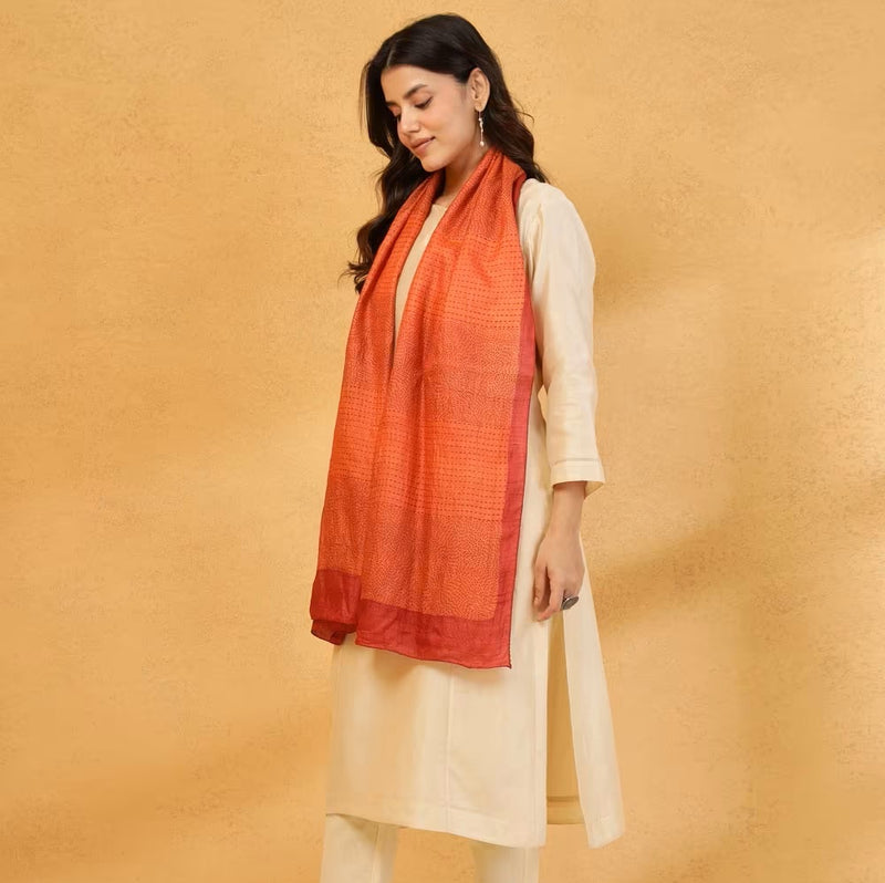 Rust Red Block Print Silk Stole