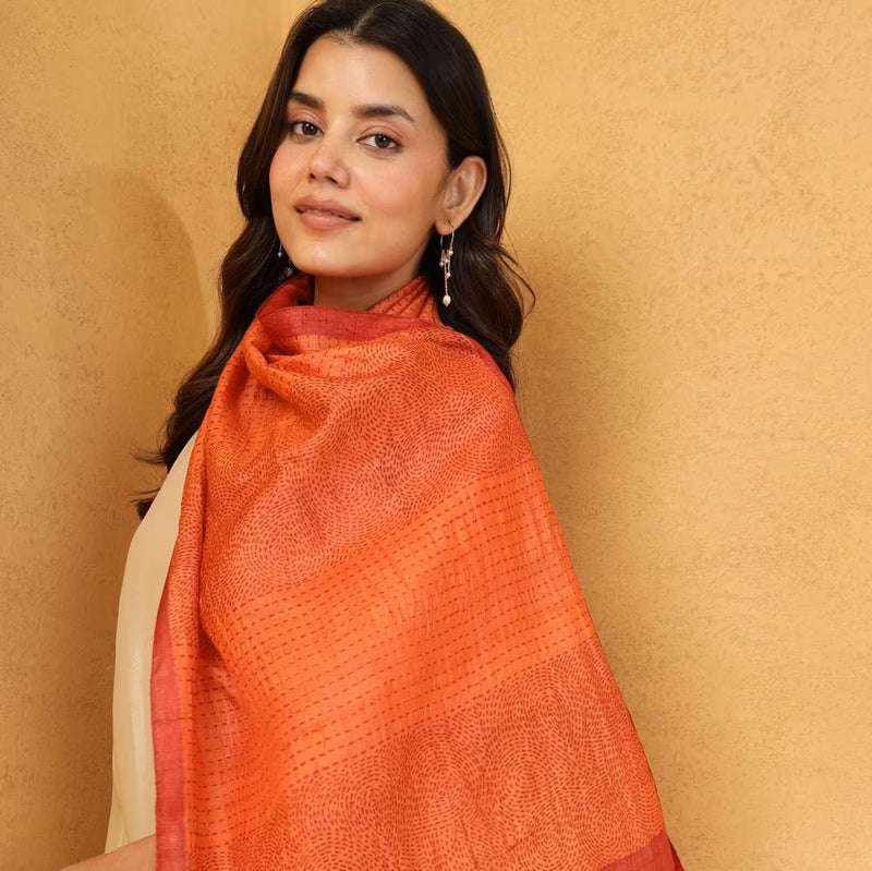 Rust Red Block Print Silk Stole