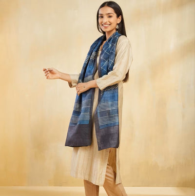 Blue Block Print Silk Stole