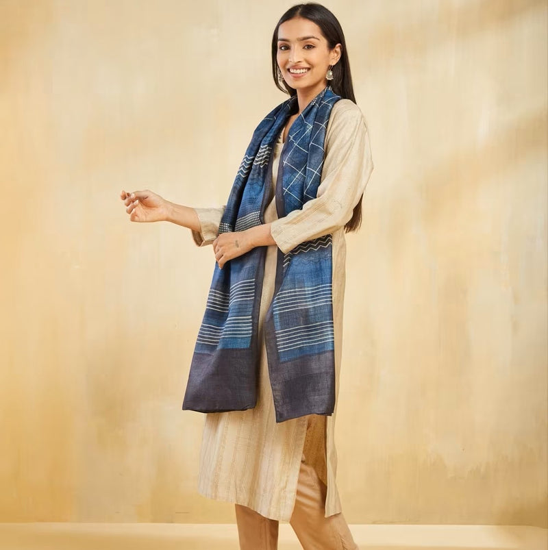 Blue Block Print Silk Stole