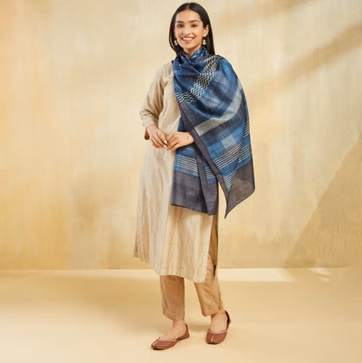 Blue Block Print Silk Stole