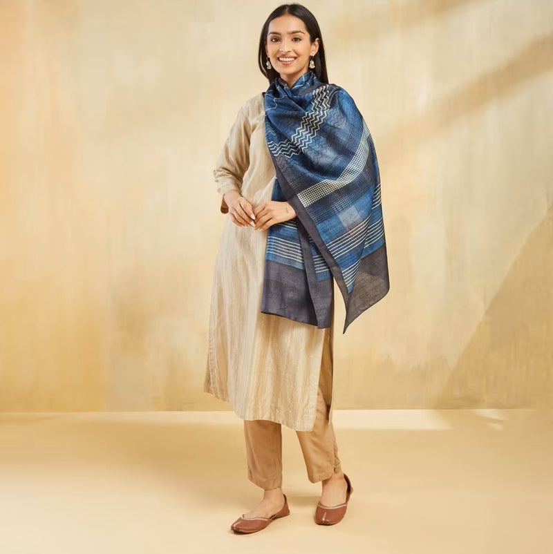Blue Block Print Silk Stole
