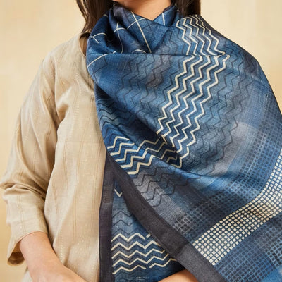 Blue Block Print Silk Stole