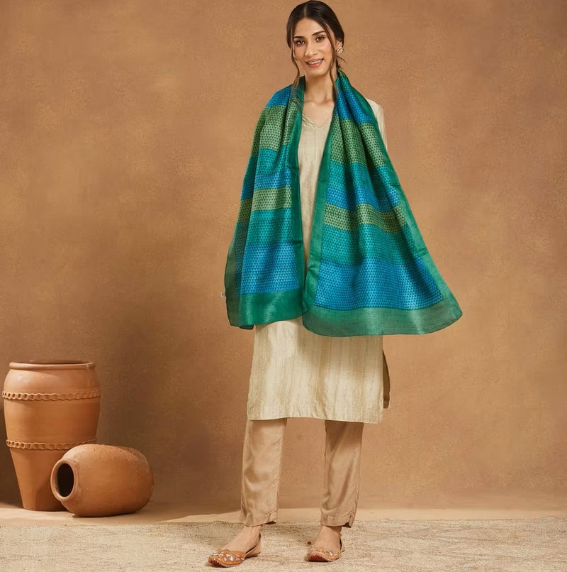 Green Block Print Silk Stole