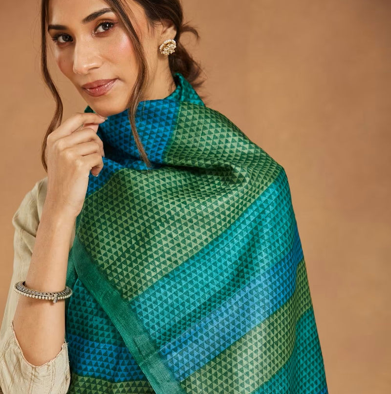 Green Block Print Silk Stole