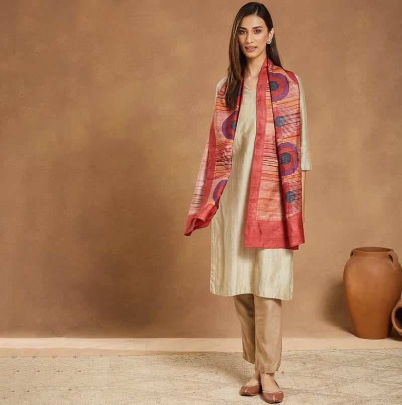 Rust Dot Block Print Silk Stole