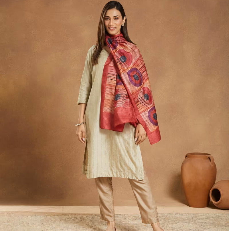 Rust Dot Block Print Silk Stole