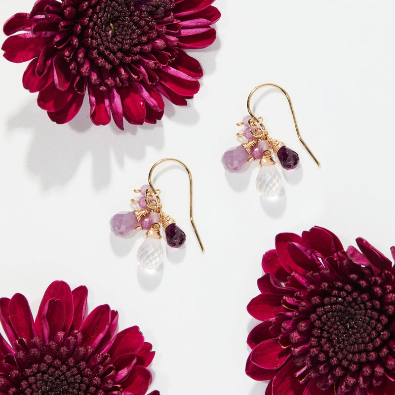 Ruby, Rose Quartz, and Purple Garnet Cluster Earring