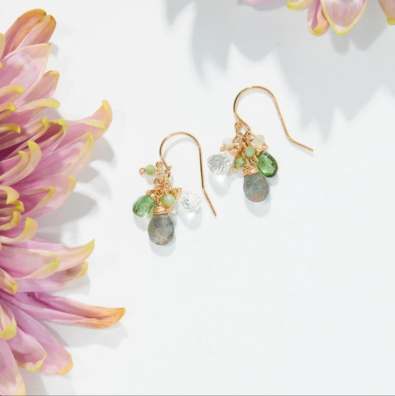Grass Green Apatite, Labradorite, and Aquamarine Cluster Earrings