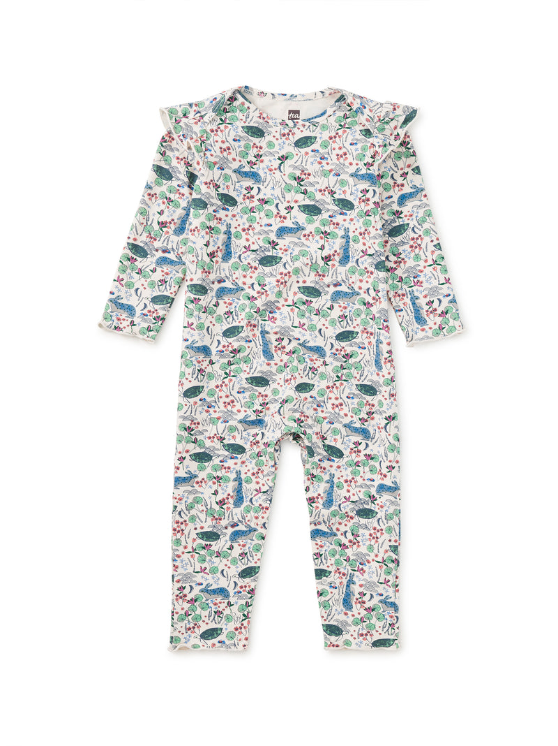Ruffle Shoulder Baby Romper, Rabbit & Turtle Folktale