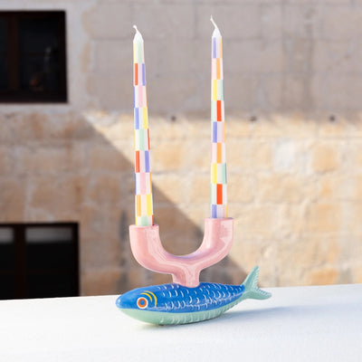 Multi Colored Check Taper Dinner Candles- 2 pack