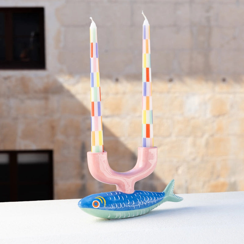 Multi Colored Check Taper Dinner Candles- 2 pack