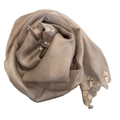 Beige Tasseled and Sequined Silk Stole