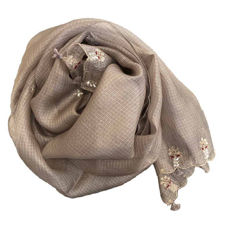 Beige Tasseled and Sequined Silk Stole