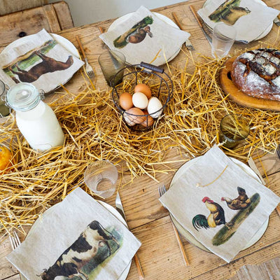Linen Napkin Set with Farm Animals