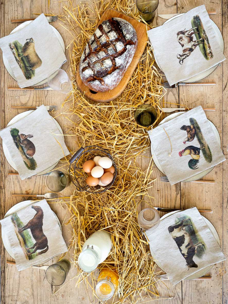 Linen Napkin Set with Farm Animals