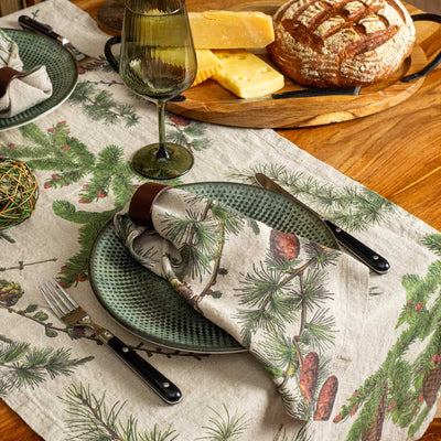 Linen Table Runner with Conifers