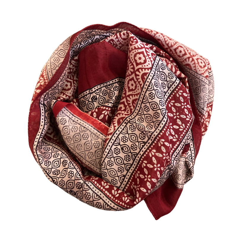 Red and Black Block Print Cotton/Silk Stole