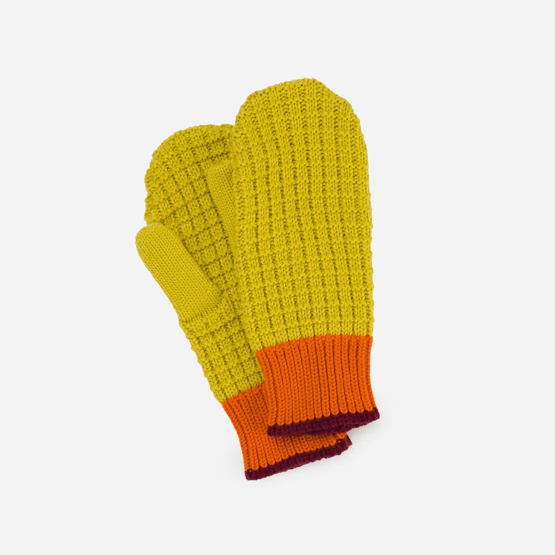Waffle Knit Mittens in Golden Olive + Wine