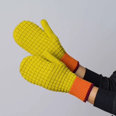 Waffle Knit Mittens in Golden Olive + Wine