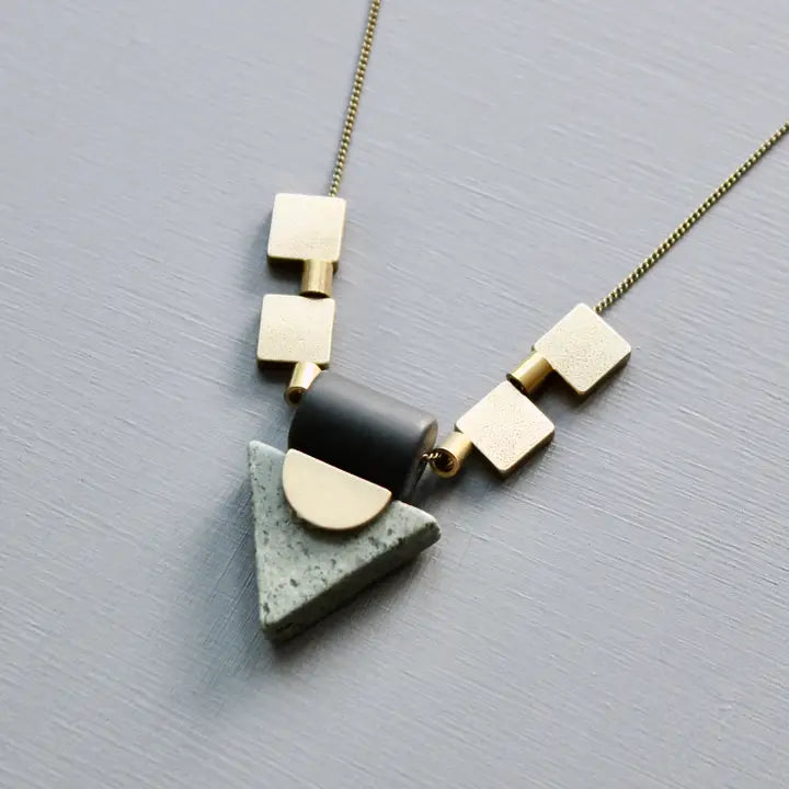 Green Jasper Triangle and Brass Geometric Necklace