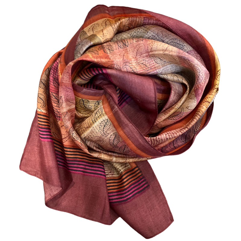 Red Leaf Block Print Silk Stole