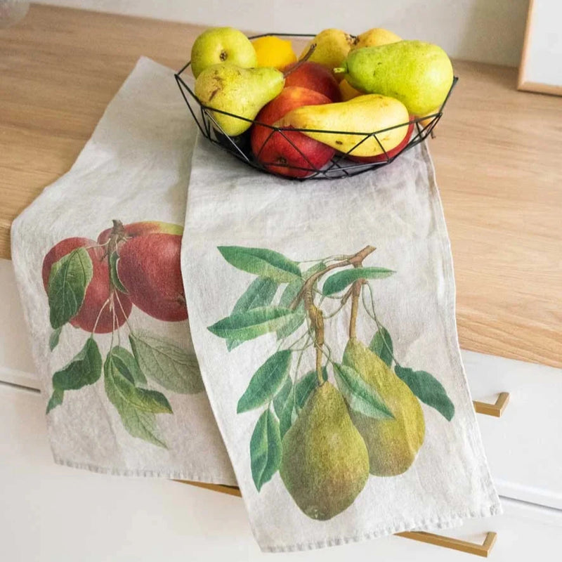 Linen Kitchen Towels Set with Apple & Pear
