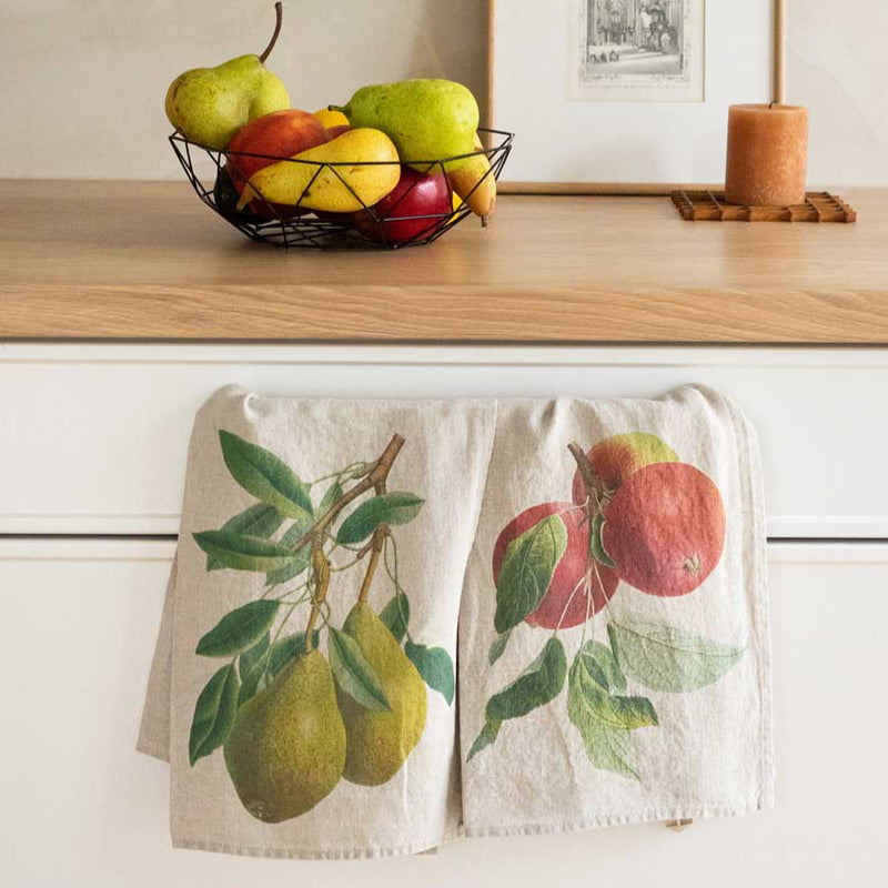 Linen Kitchen Towels Set with Apple & Pear