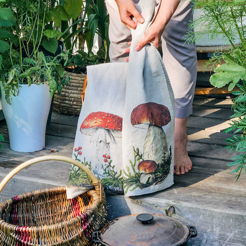Linen Kitchen Towels Set with Forest Mushrooms