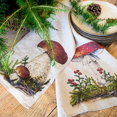 Linen Kitchen Towels Set with Forest Mushrooms