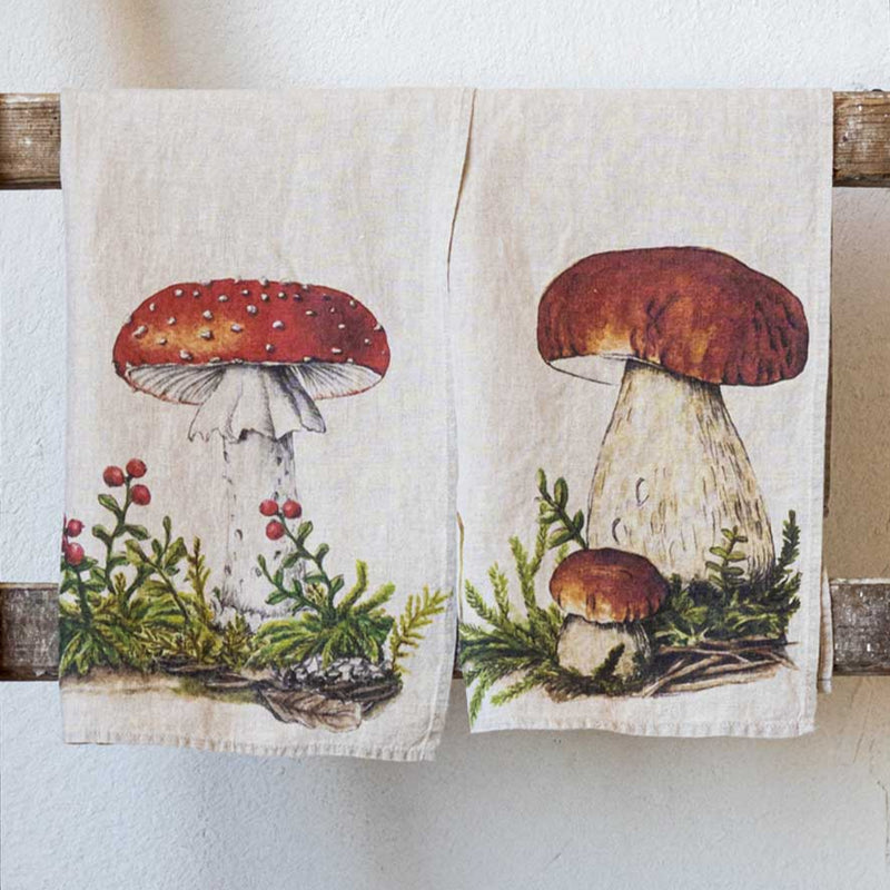 Linen Kitchen Towels Set with Forest Mushrooms