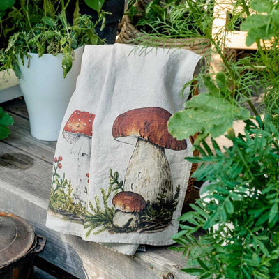 Linen Kitchen Towels Set with Forest Mushrooms