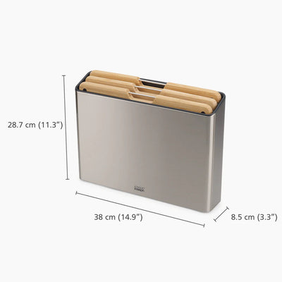 Stainless steel knife block with wooden handles and dimensions on a white background
