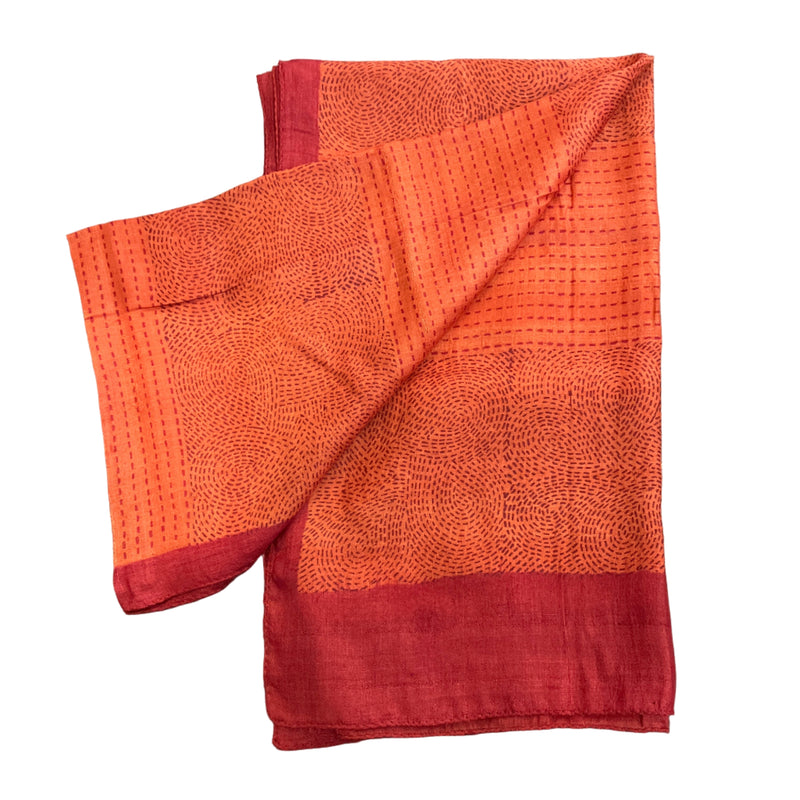 Rust Red + Orange Block Print Silk Stole