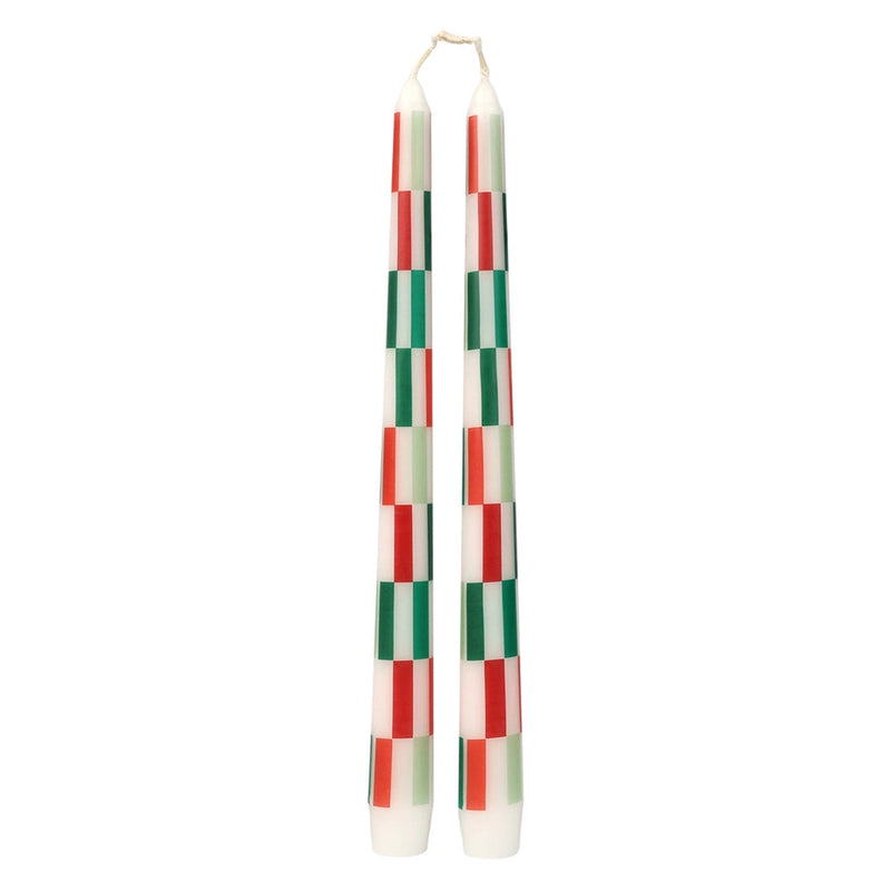 Red & Green Check Taper Dinner Candles- 2 pack