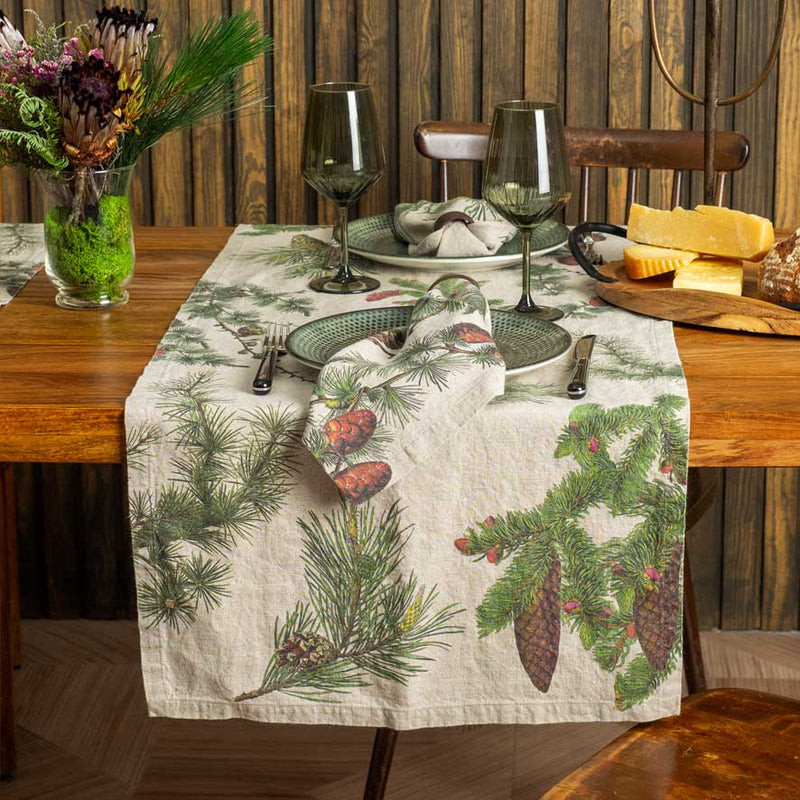 Linen Table Runner with Conifers