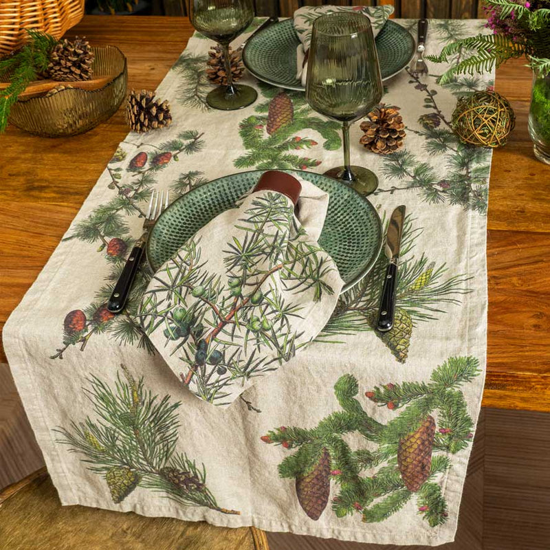Linen Table Runner with Conifers