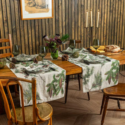 Linen Table Runner with Conifers