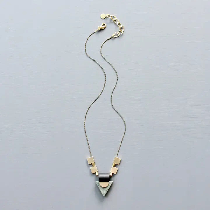 Green Jasper Triangle and Brass Geometric Necklace