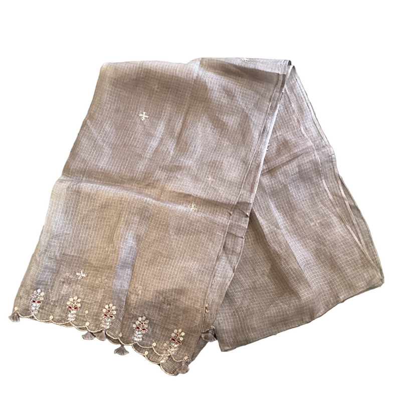 Beige Tasseled and Sequined Silk Stole